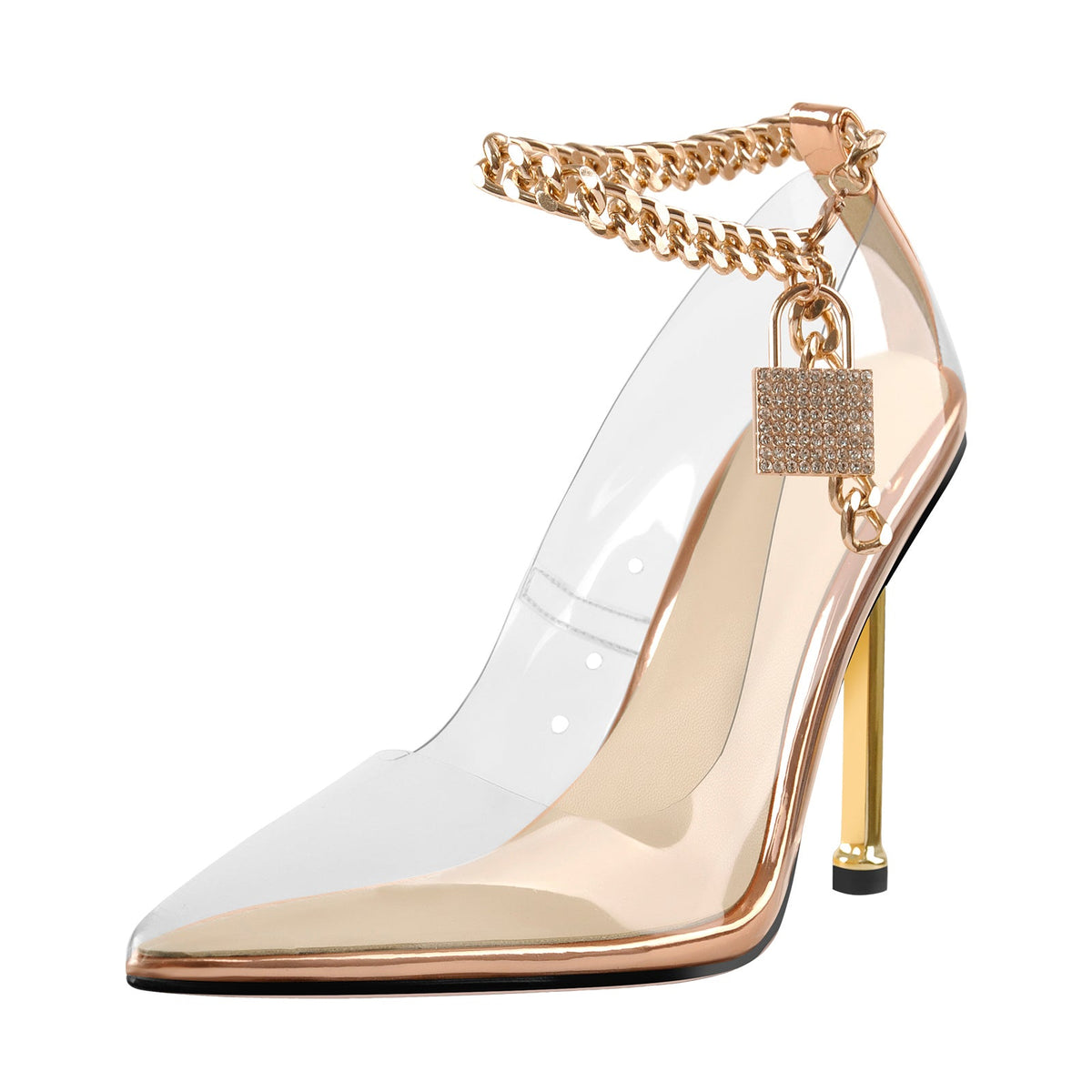 Clear Pointed Toe Metal Chain Lock High Metal Heels Stiletto Pumps | Onlymaker Signature