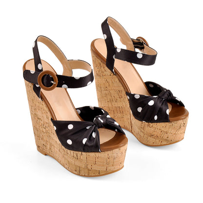 Polka Dot Open Toe Wood Heel Wedge Sandals | Onlymaker Classic