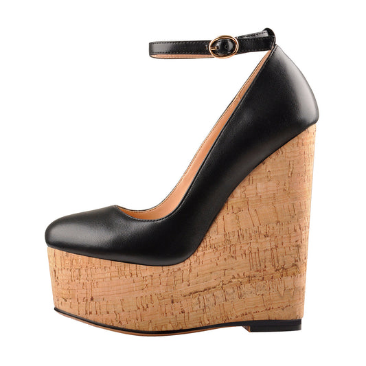 Wood Grain Platform Wedges Round Toe Buckle Strap Pumps | Onlymaker Customer Favorite