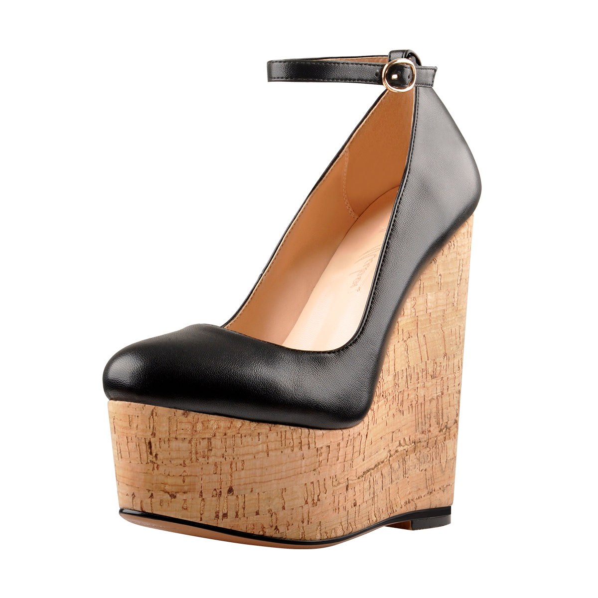 Wood Grain Platform Wedges Round Toe Buckle Strap Pumps | Onlymaker Customer Favorite