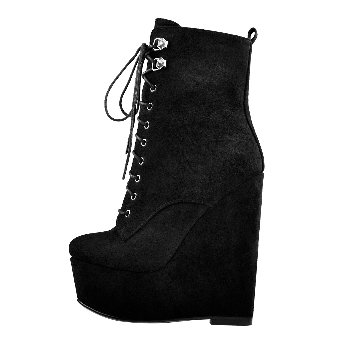 Black Suede Lace Up Platform Wedges Ankle Boots | Onlymaker Best Seller