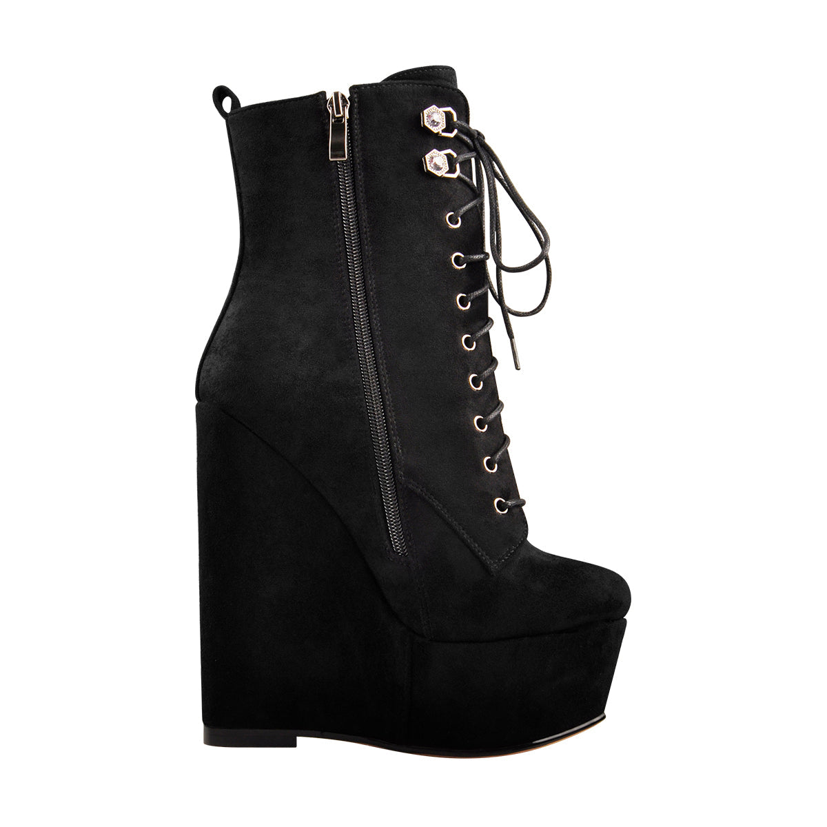 Black Suede Lace Up Platform Wedges Ankle Boots | Onlymaker Best Seller