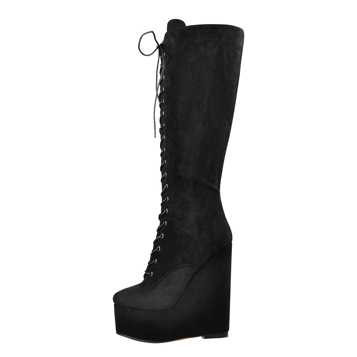 Suede Round Toe Wedge Heel Lace Up Zip Knee High Boots | Onlymaker Everyday
