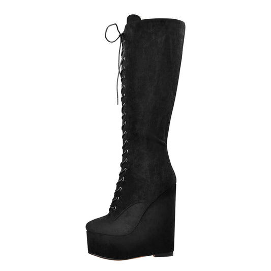 Suede Round Toe Wedge Heel Lace Up Zip Knee High Boots | Onlymaker Everyday