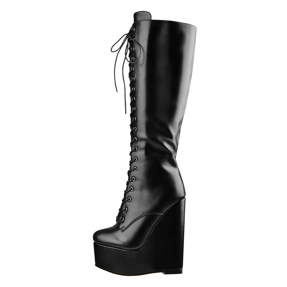 Round Toe Wedge Heel Lace Up Zip Knee High Boots | Onlymaker Recommended