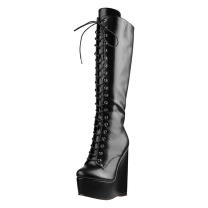 Round Toe Wedge Heel Lace Up Zip Knee High Boots | Onlymaker Recommended