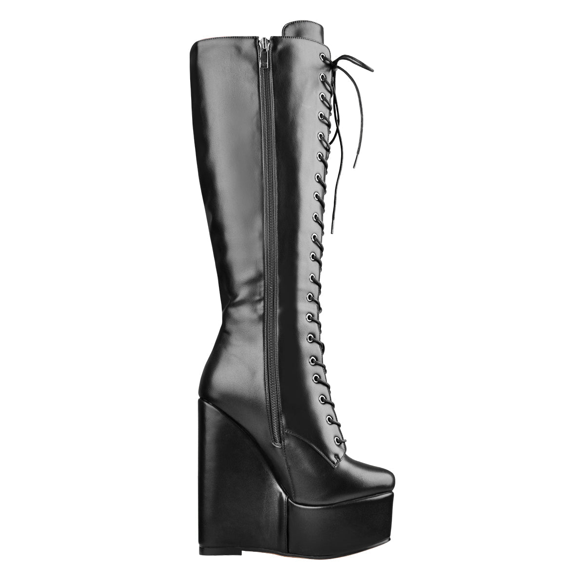Round Toe Wedge Heel Lace Up Zip Knee High Boots | Onlymaker Recommended