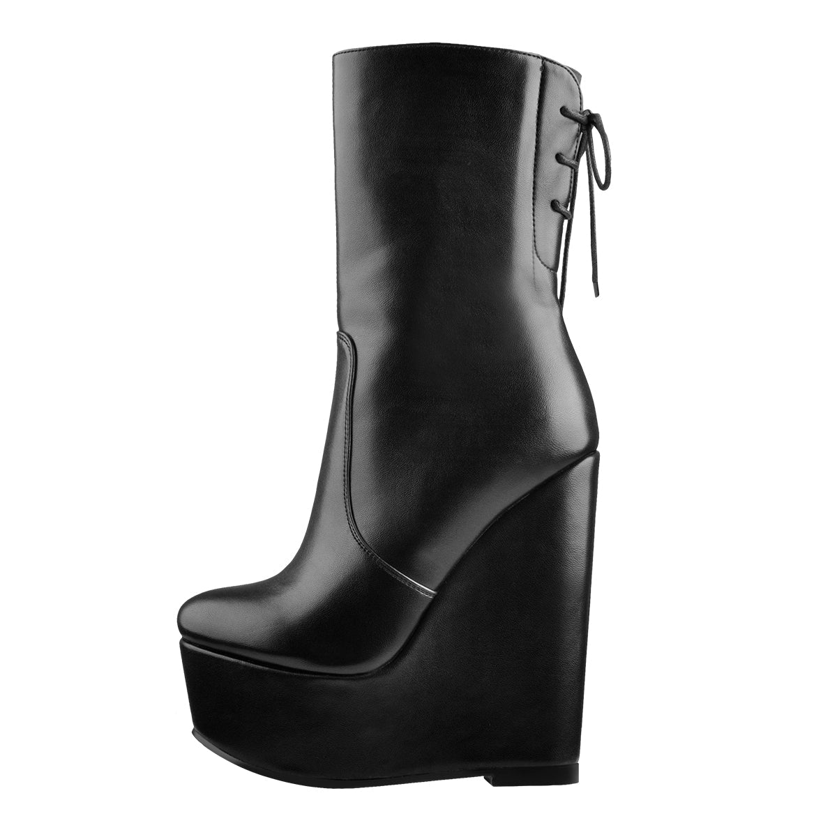 Round Toe Black Lace Up Zip Wedges Ankle Boots | Onlymaker Signature