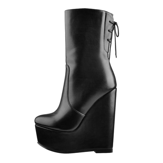 Round Toe Black Lace Up Zip Wedges Ankle Boots | Onlymaker Signature