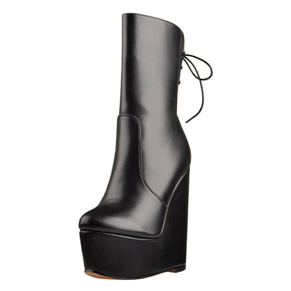 Round Toe Black Lace Up Zip Wedges Ankle Boots | Onlymaker Signature