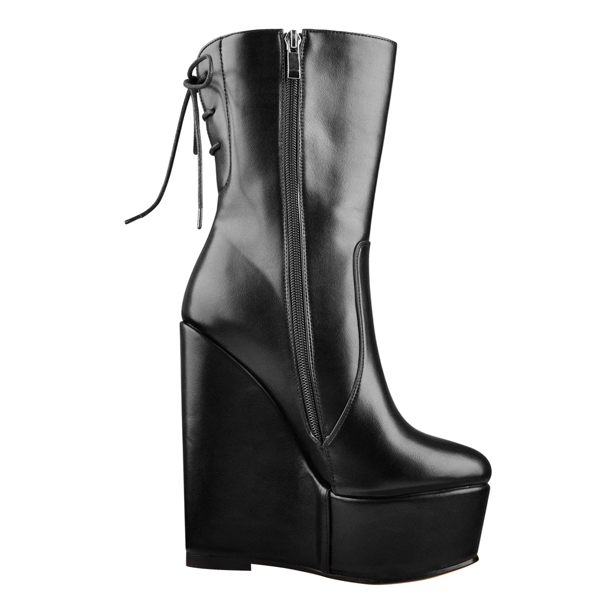 Round Toe Black Lace Up Zip Wedges Ankle Boots | Onlymaker Signature