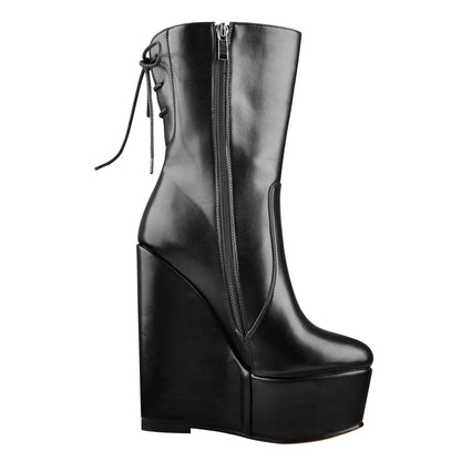 Round Toe Black Lace Up Zip Wedges Ankle Boots | Onlymaker Signature