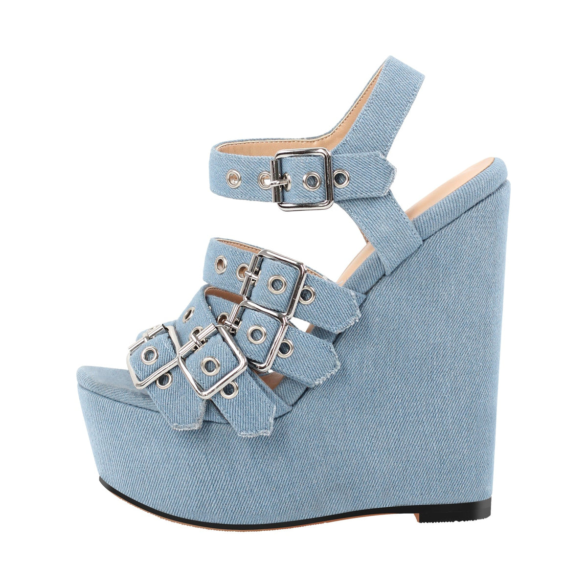 Denim Platform Wedge Heel Buckle Strap Sandals | Onlymaker Smart Buy