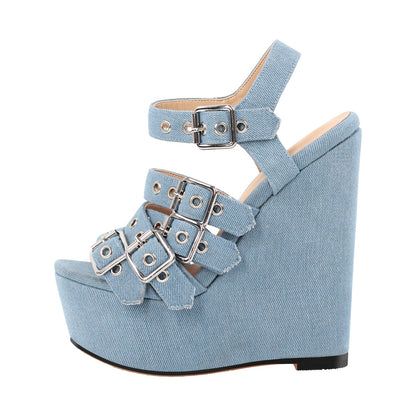 Denim Platform Wedge Heel Buckle Strap Sandals | Onlymaker Smart Buy