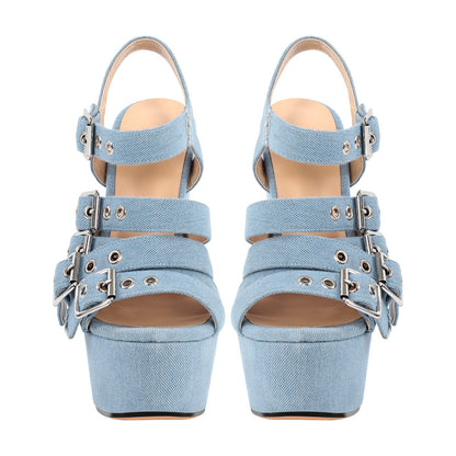 Denim Platform Wedge Heel Buckle Strap Sandals | Onlymaker Smart Buy