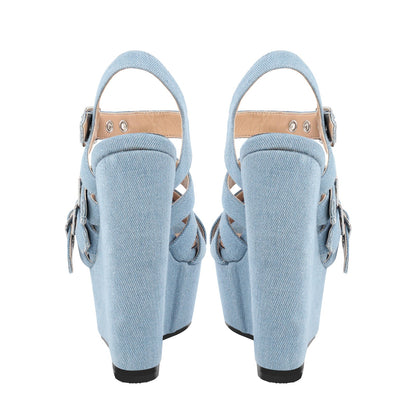 Denim Platform Wedge Heel Buckle Strap Sandals | Onlymaker Smart Buy