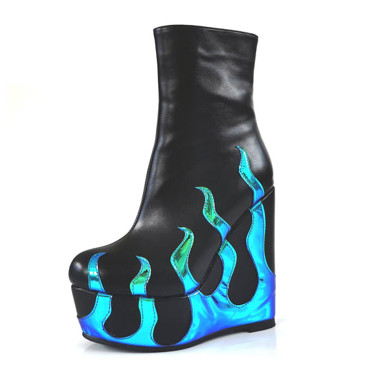 Flame Print Platform Round Toe Wedge Heel Boots | Onlymaker Sale