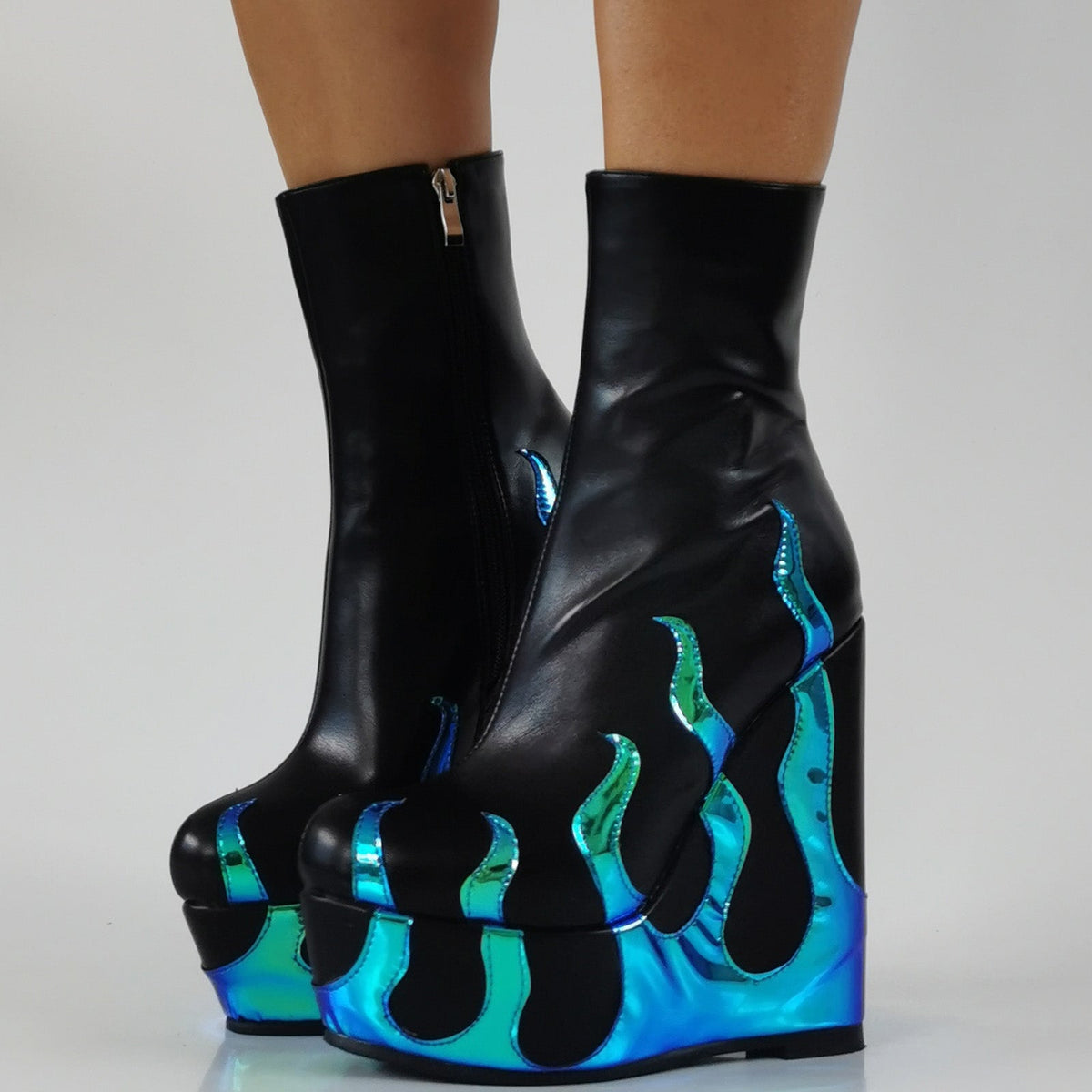 Flame Print Platform Round Toe Wedge Heel Boots | Onlymaker Sale