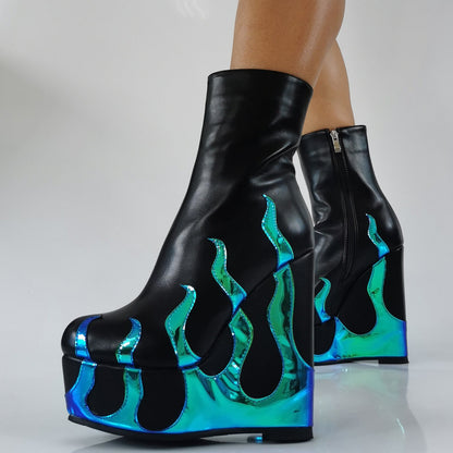 Flame Print Platform Round Toe Wedge Heel Boots | Onlymaker Sale