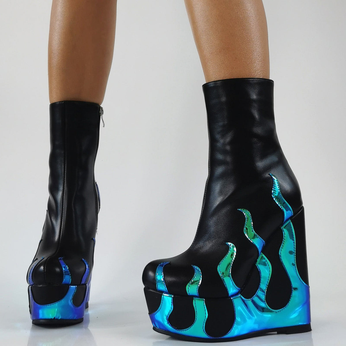 Flame Print Platform Round Toe Wedge Heel Boots | Onlymaker Sale
