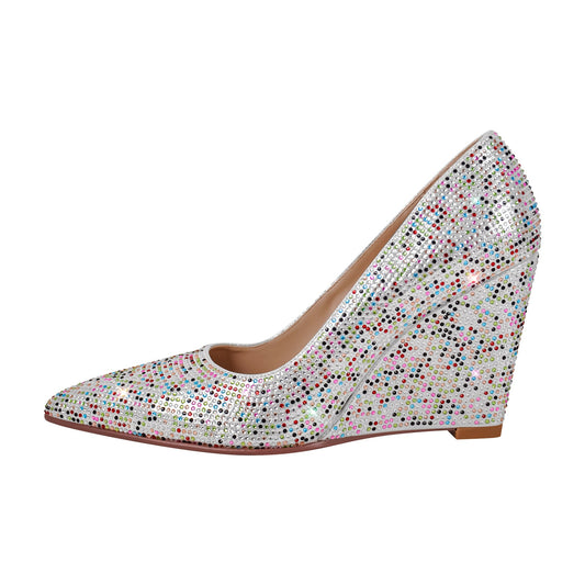 Rhinestone Pointed Toe Wedge Heel Pumps | Onlymaker Special Offer