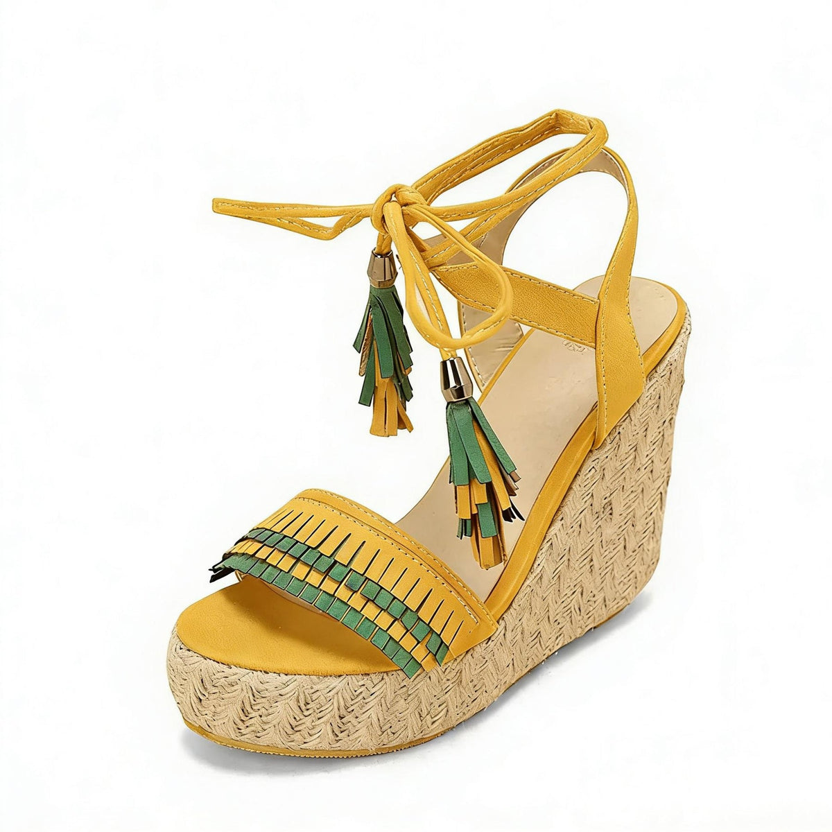 Straw Platform Fringe Lace-up Wedge Heel Sandals | Onlymaker Deals