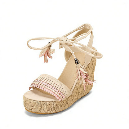 Straw Platform Fringe Lace-up Wedge Heel Sandals | Onlymaker Deals