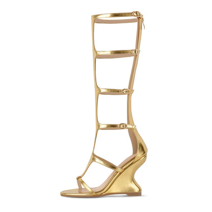 Round Toe Multi Buckles T-Strap Wedge Heel Sandals | Onlymaker Quality