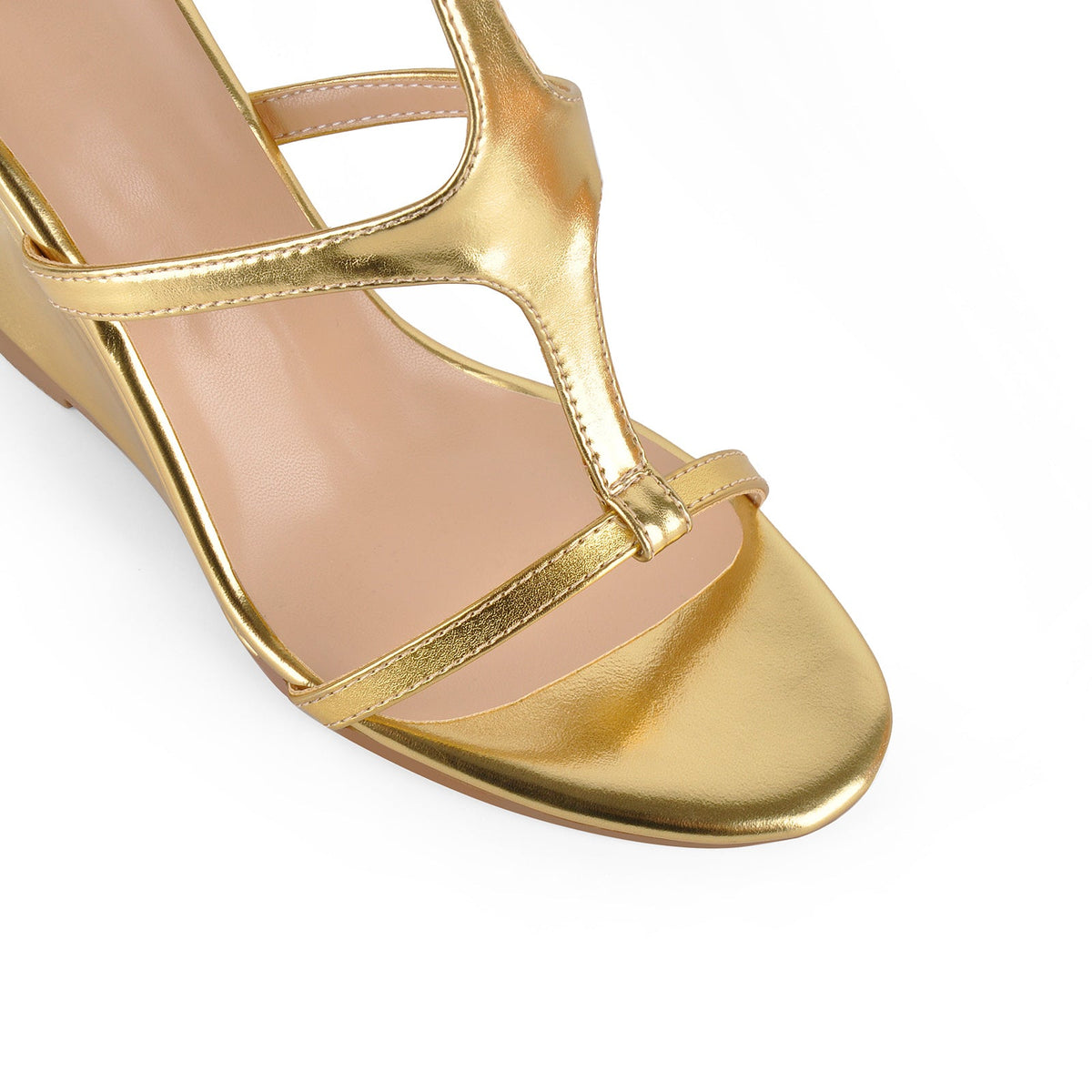 Round Toe Multi Buckles T-Strap Wedge Heel Sandals | Onlymaker Quality