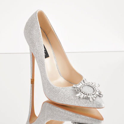 Silver Diamante Buckle Pointed Toe High Heel Pumps | Onlymaker Top Pick