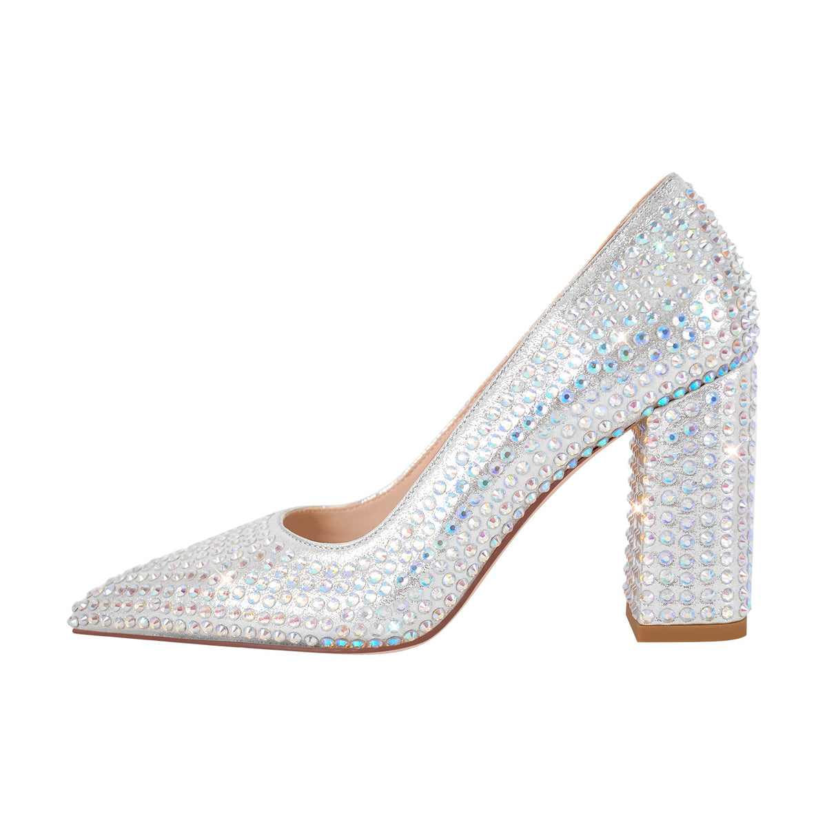 Rhinestone Pointed Toe Chunky Heel Pumps | Onlymaker Premium