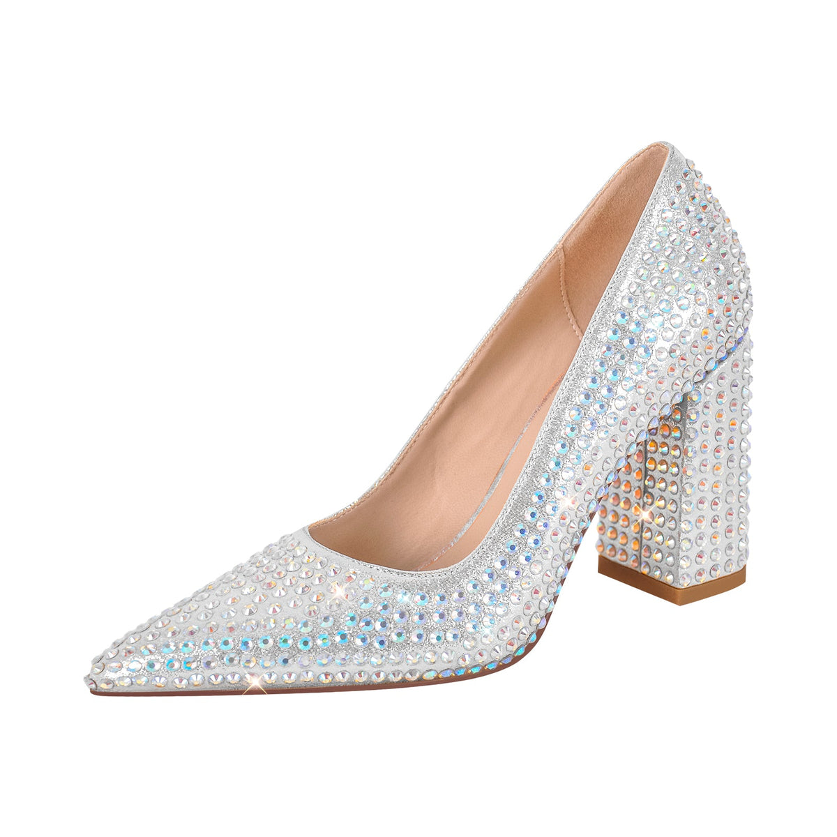 Rhinestone Pointed Toe Chunky Heel Pumps | Onlymaker Premium