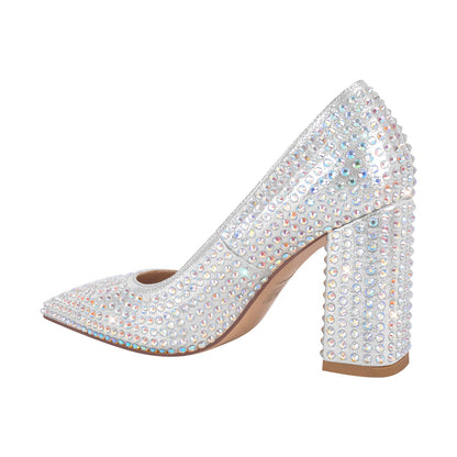 Rhinestone Pointed Toe Chunky Heel Pumps | Onlymaker Premium