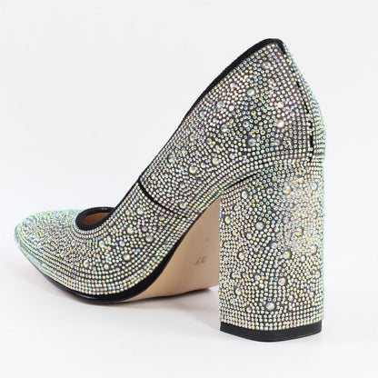 Rhinestone Pointed Toe Chunky Heel Pumps | Onlymaker Trending