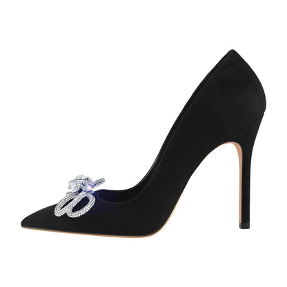 Rhinestone Bow Pointed Toe Black Suede Heels Stiletto Pumps | Onlymaker Smart Buy