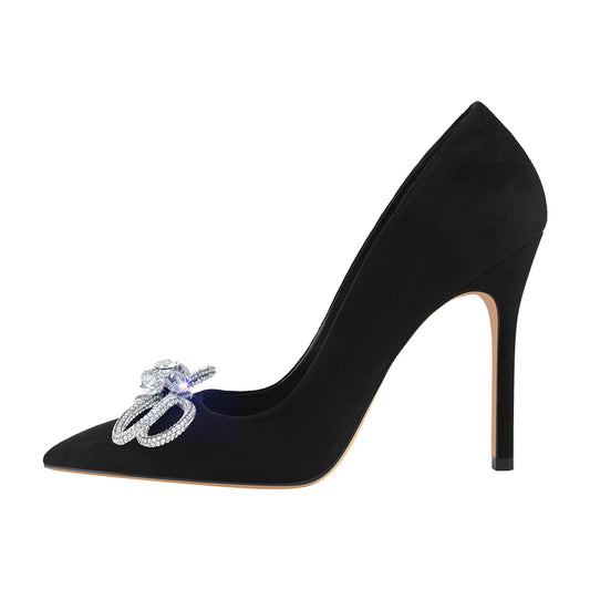 Rhinestone Bow Pointed Toe Black Suede Heels Stiletto Pumps | Onlymaker Smart Buy