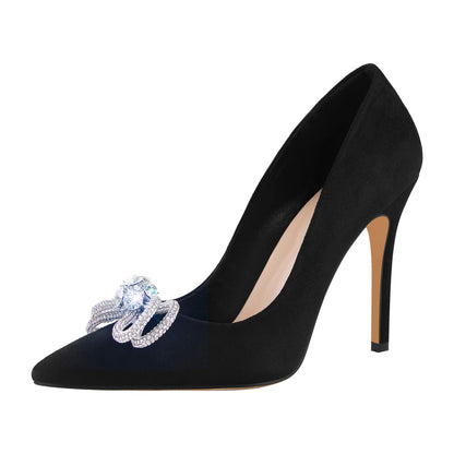 Rhinestone Bow Pointed Toe Black Suede Heels Stiletto Pumps | Onlymaker Smart Buy