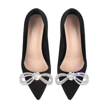 Rhinestone Bow Pointed Toe Black Suede Heels Stiletto Pumps | Onlymaker Smart Buy