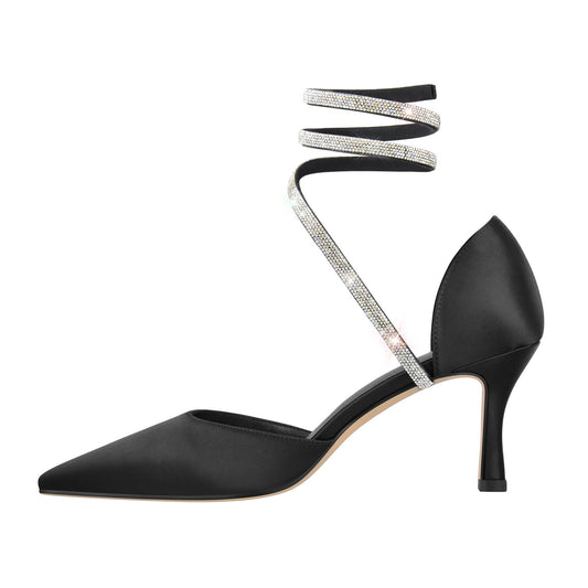 Black Chunky Heel Rhinestones Pumps | Onlymaker Great Value
