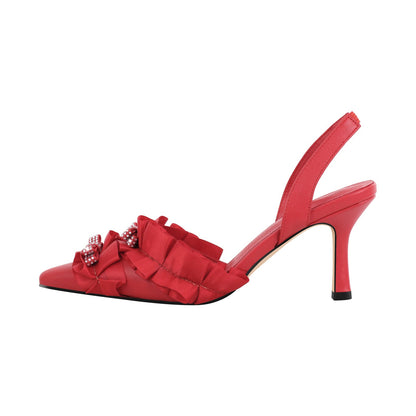 Rhinestone Lace Bow Pointed Toe Stiletto Slingback Pumps | Onlymaker Top Pick