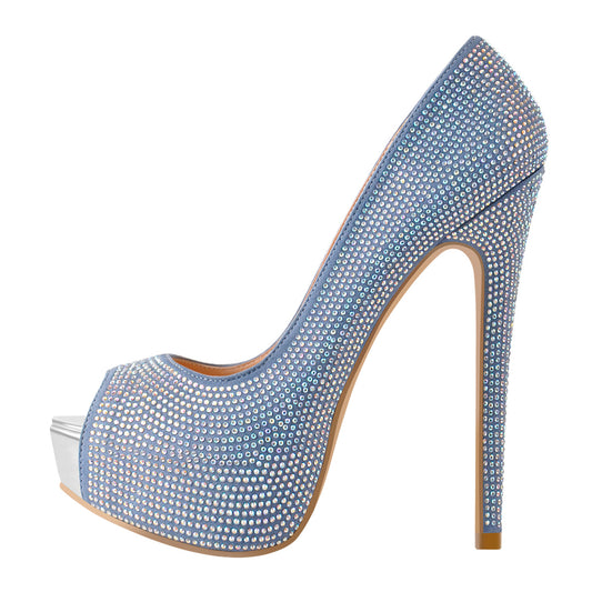 Blue Rhinestone Peep Toe Platform Stiletto High Heel Pumps | Onlymaker Signature