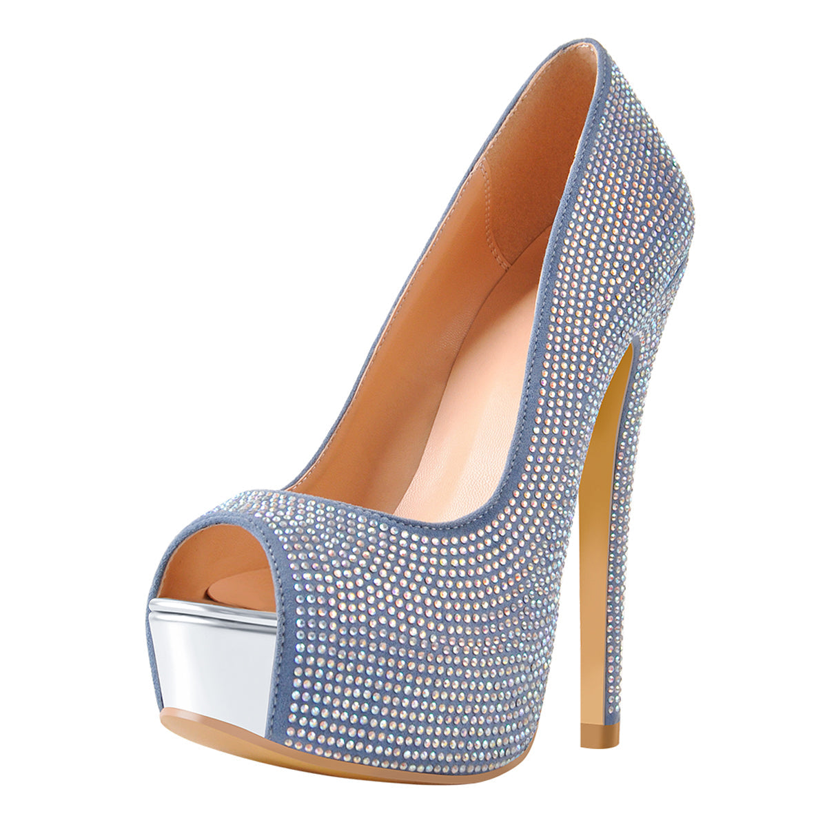 Blue Rhinestone Peep Toe Platform Stiletto High Heel Pumps | Onlymaker Signature