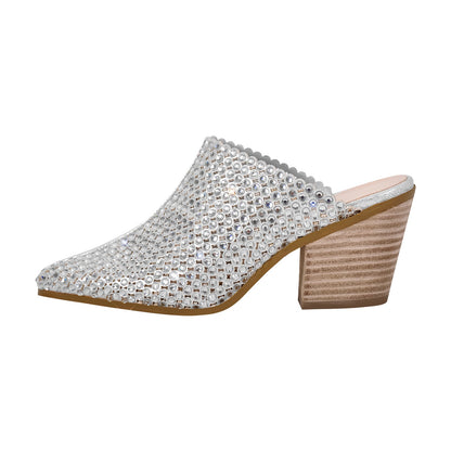 Rhinestone Wooden Chunky Heel Mules | Onlymaker Popular