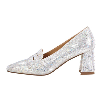Silver Rhinestone Square Toe Chunky Heel Pumps | Onlymaker Hot Sale