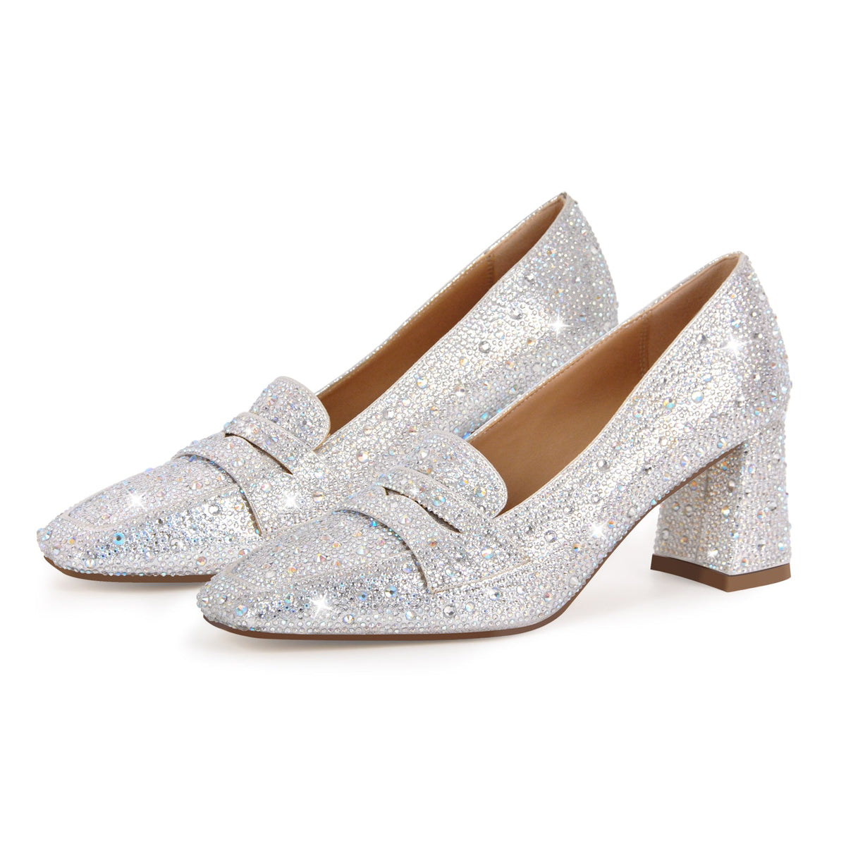 Silver Rhinestone Square Toe Chunky Heel Pumps | Onlymaker Hot Sale