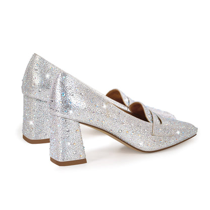 Silver Rhinestone Square Toe Chunky Heel Pumps | Onlymaker Hot Sale