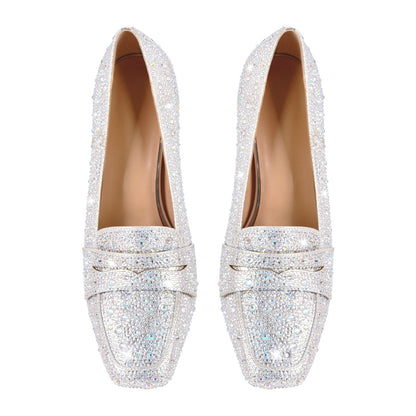 Silver Rhinestone Square Toe Chunky Heel Pumps | Onlymaker Hot Sale