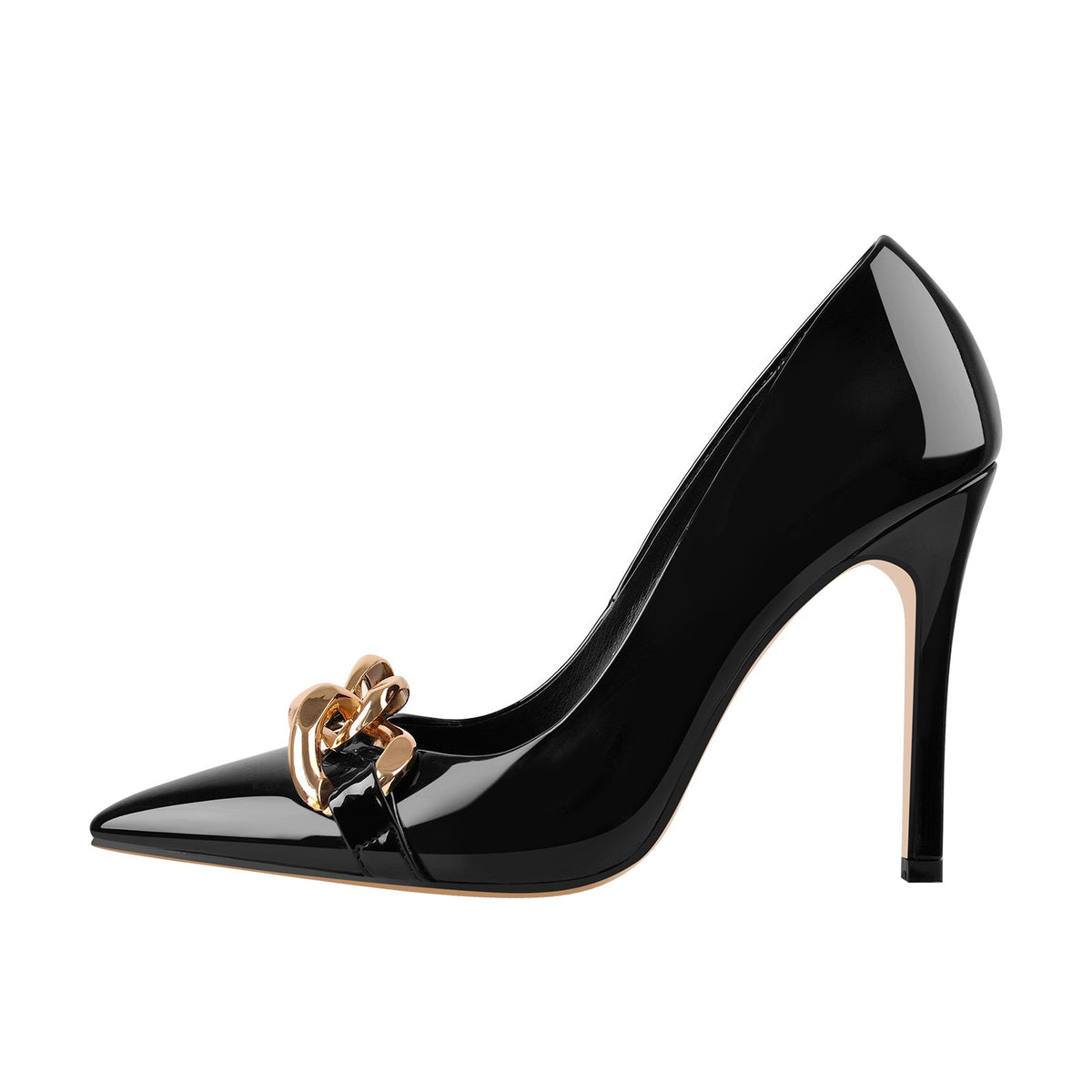 Black Metal Chain Pointed Toe Patent High Heels Stiletto Pumps | Onlymaker Sale