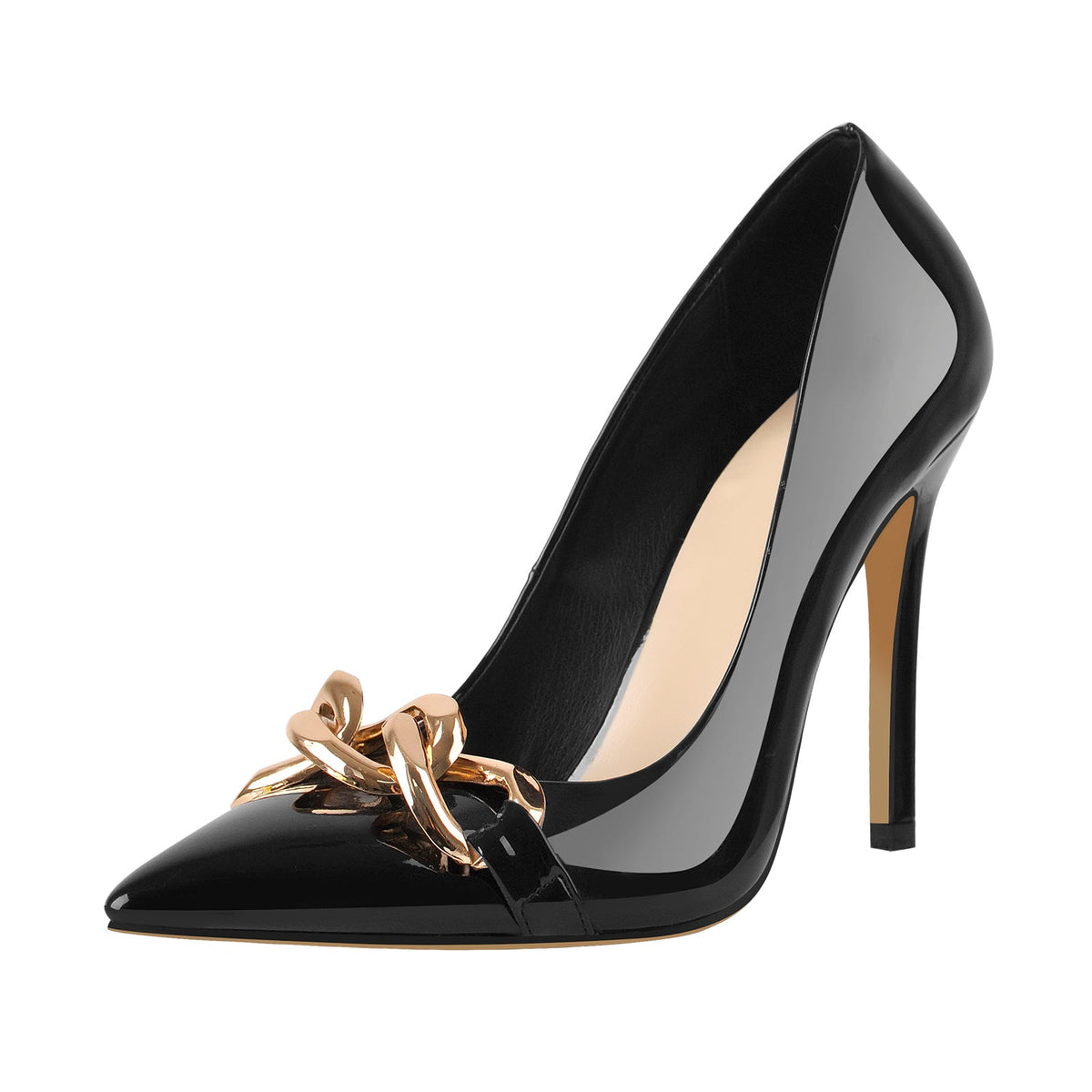 Black Metal Chain Pointed Toe Patent High Heels Stiletto Pumps | Onlymaker Sale