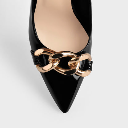 Black Metal Chain Pointed Toe Patent High Heels Stiletto Pumps | Onlymaker Sale